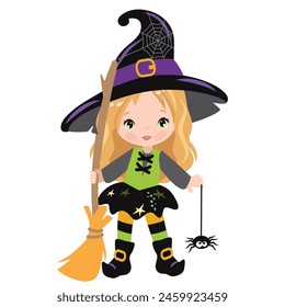 Cute Halloween witch girl with a broom and spider vector cartoon illustration