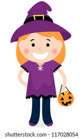 Cute halloween witch girl isolated on white