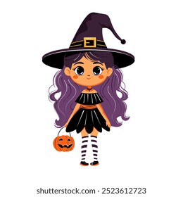 Cute halloween witch girl. Kawaii vector illustration. Kid wearing halloween costume