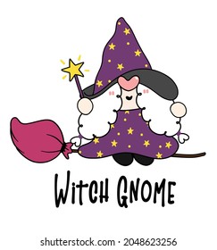 Cute Halloween Witch Gnome on flying broomstick, cartoon character doodle hand drawn outline