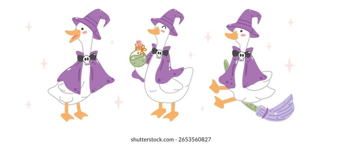 Bonito ganso bruxa Halloween definido com chapéu pontiagudo, capa, poção e vassoura. Perfeito para desenhos de outono assustadores e extravagantes.