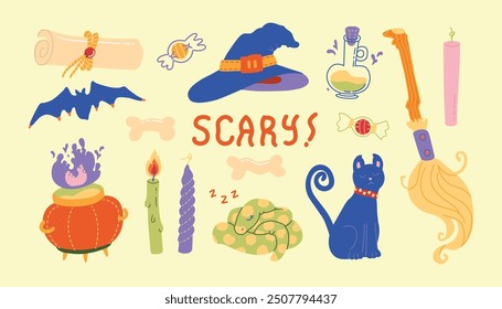 Cute Halloween witch hat, broom, candles, poison decorations illustration set for media design Spooky modern vector objects and doodles Trendy flat art vector set