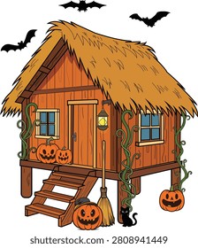 A cute Halloween witch hut on wooden stilts featuring carved pumpkins, a black cat, hanging lantern, climbing vines, and flying bats. Whimsical cartoon illustration isolated on a white background.