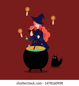 cute Halloween witch making potion