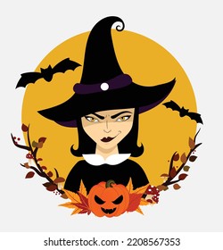 cute Halloween witch with a mischievous eyes and wicked smile with bats and pumpkin, surrounded with autumn fallen leaves and branches in front of a big yellow moon, eps 10