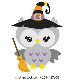 Cute Halloween witch owl vector cartoon illustration