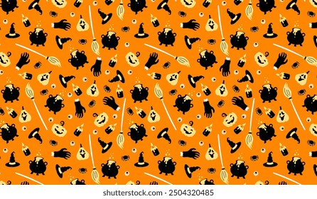 Cute Halloween witch pattern background. Vector Halloween orange wallpaper with black yellow magic cauldron, witch hat, spider, pumpkin, zombie hand. Kids print for wrap texture, holiday decoration.