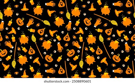 Cute Halloween witch pattern background. Vector Halloween wallpaper with orange magic cauldron, witch hat, spider, pumpkin, zombie hand on black background. Kids print for holiday decoration.