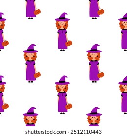 Cute Halloween witch seamless hand drawn vector pattern with pumpkin on white background.