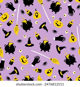 Cute Halloween witch seamless pattern. Vector Halloween purple background with black yellow magic cauldron, witch hat, spider, pumpkin, zombie hand. Kids print for fabric texture, wrap, holiday decor.