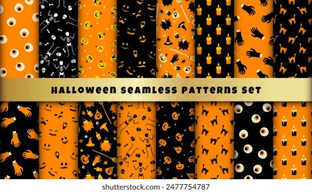 Cute Halloween witch seamless pattern set. Vector Halloween black and orange background with magic cauldron, witch hat, spider, pumpkin, skeleton and zombie hand texture. Kids print collection.