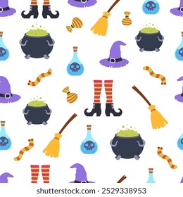 cute halloween witch seamless pattern, background with magic cauldron, witch hat, broom, bottle of poison and candy, kids print for fabric texture, wrap, holiday decor