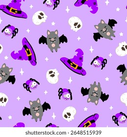 Cute Halloween witch seamless pattern. Vector Halloween purple background with magic witch hat, skull, funny spider and bat. Kids print for fabric texture, wrap, holiday decoration.