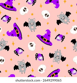 Cute Halloween witch seamless pattern. Vector Halloween pink background with magic witch hat, skull, funny spider and bat. Kids print for fabric texture, wrap, holiday decoration, backdrop.