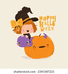 Cute Halloween Witch sitting on Big Worm in Pumpkin