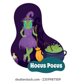 Cute Halloween witch. Vector illustration. Hocus pocus