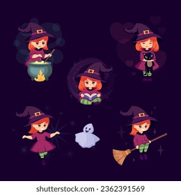 adorables brujas de halloween. dibujos animados divertidos de otoño fantasía mística de chicas ambientadas, personajes de halloween con calabaza, acosadores horribles personajes infantiles. gráficos planos de dibujos animados vectoriales.