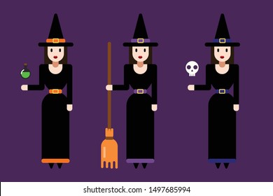 cute halloween witches characters with broom, skull and potion