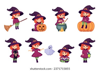 cute halloween witches. halloween characters with pumpkin, haunt horrible childish characters, cartoon funny autumn mystical fantasy girls set. vector cartoon characters collection.