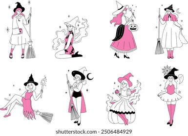 Cute Halloween Witches Characters Set in Pink and Black Theme Fantasy Costume Illustrations with Brooms and Magic