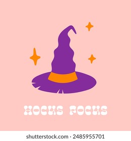 Cute Halloween witchy print. Vector witch hat and hocus pocus text on pink background. Halloween illustration for greeting banner, postcard, web