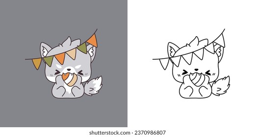 Cute Halloween Wolf Clipart Illustration and Black and White. Funny Clip Art Halloween Forest Animal. Cute Vector Illustration of a Kawaii Halloween Animal with Sweets. 