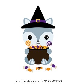 Cute Halloween wolf in witch hat holding a pot with candies. Cartoon animal character for kids t-shirts, nursery decoration, baby shower, greeting card, invitation. Vector stock illustration