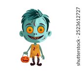 Cute halloween zombie boy. Cartoon vector illustration. Kid wearing halloween costume.