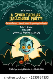 Cute Halloween zombie boy holding pumpkin. Kawaii illustrative Halloween party invitation template. Kid wearing Halloween costume cartoon invite.