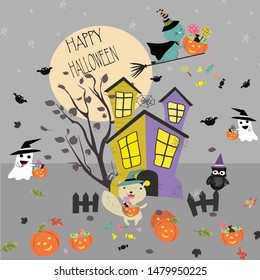 Cute Halloweenl night cartoon,illustration vector doodle comic art.