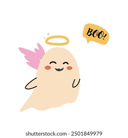 Cute halloweens ghost angel. Childrens character with funny face and speech bubble boo or spooky night.