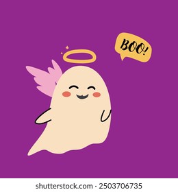 Cute halloweens ghost angel. Childrens character with funny face and speech bubble boo or spooky night.