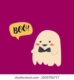 Cute halloweens ghost groom. Halloween day sticker. Childrens ghost with funny face.