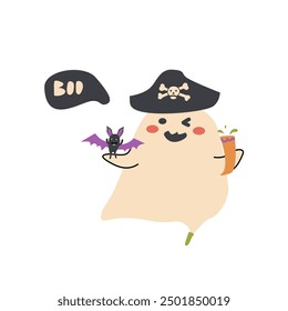 Cute halloweens ghost pirate. Childrens character with funny face and speech bubble boo or spooky night.