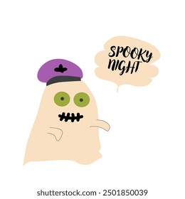 Cute halloweens ghost zombie. Childrens character with funny face and speech bubble boo or spooky night.