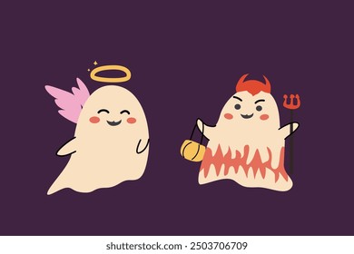 Cute halloweens ghosts set. Collection of cute spooky characters. Halloween day sticker pack. Childrens ghosts with funny faces.