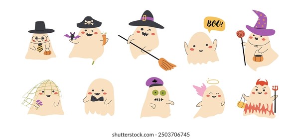 Cute halloweens ghosts set. Collection of cute spooky characters. Halloween day sticker pack. Childrens ghosts with funny faces.