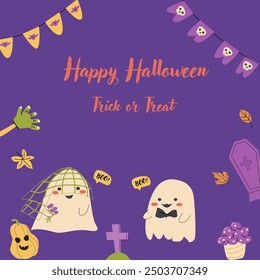 Cute halloweens ghosts set. Collection of cute spooky characters. Halloween day stickers. Childrens ghosts with funny faces in costumes