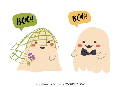 Cute halloweens ghosts set. Collection of cute spooky characters. Halloween day stickers. Childrens ghosts with funny faces in costumes
