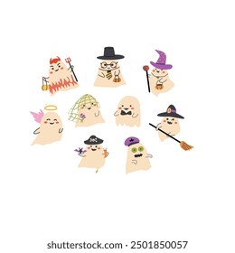 Cute halloweens ghosts set or round background. Collection of cute spooky characters. Halloween day sticker pack. Childrens ghosts with funny faces.