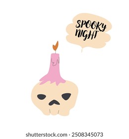 Cute halloweens skull with pink candle and speech bubble - spooky night.