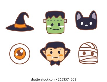 Cute Halloween-themed icons featuring a witch hat, Frankenstein, black cat, eyeball, vampire, and mummy character design concept