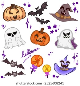 A cute Halloween-themed illustration featuring a variety of festive elements, perfect for seasonal designs and decorations. This playful design includes adorable characters such as bats, pumpkins, gho