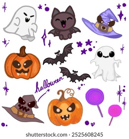 A cute Halloween-themed illustration featuring a variety of festive elements, perfect for seasonal designs and decorations. This playful design includes adorable characters such as bats, pumpkins, gho