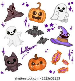 A cute Halloween-themed illustration featuring a variety of festive elements, perfect for seasonal designs and decorations. This playful design includes adorable characters such as bats, pumpkins, gho