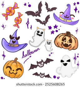 A cute Halloween-themed illustration featuring a variety of festive elements, perfect for seasonal designs and decorations. This playful design includes adorable characters such as bats, pumpkins, gho