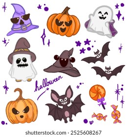 A cute Halloween-themed illustration featuring a variety of festive elements, perfect for seasonal designs and decorations. This playful design includes adorable characters such as bats, pumpkins, gho