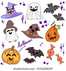 A cute Halloween-themed illustration featuring a variety of festive elements, perfect for seasonal designs and decorations. This playful design includes adorable characters such as bats, pumpkins, gho