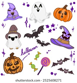 A cute Halloween-themed illustration featuring a variety of festive elements, perfect for seasonal designs and decorations. This playful design includes adorable characters such as bats, pumpkins, gho