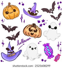 Uma ilustração com tema de Halloween bonito com uma variedade de elementos festivos, perfeito para desenhos sazonais e decorações. Este design divertido inclui personagens adoráveis, como morcegos, abóboras, gho